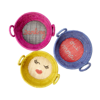 Mini Round Raffia Basket Embroidered Words  Rice DK